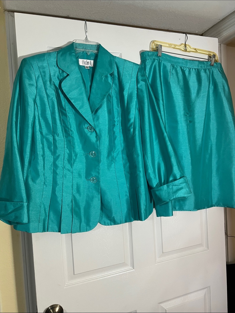 Le Suit Teal Satin-Look Blazer and Skirt Set
